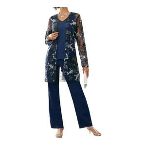 Midnight Velvet Desk to Dinner Navy Floral Pant Set Duster Jacket Church Suit